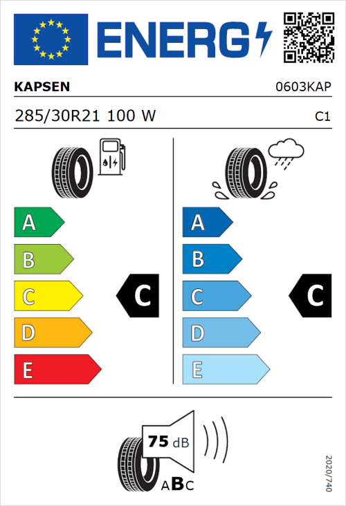 Tyre Label for Kapsen S2000 285/30R21 100W